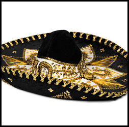 Sombrero de charro de gala color negro con adornos en blanco y dorado.