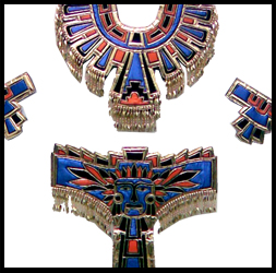 Traje de azteca o conchero en tela metálica color azul con naranja, dorado y negro.