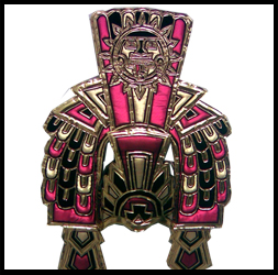 Penacho azteca tipo Moctezuma en rosa con dorado y negro.
