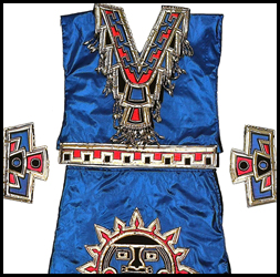 Vestido azteca para dama color azul metálico con rojo, dorado y negro.